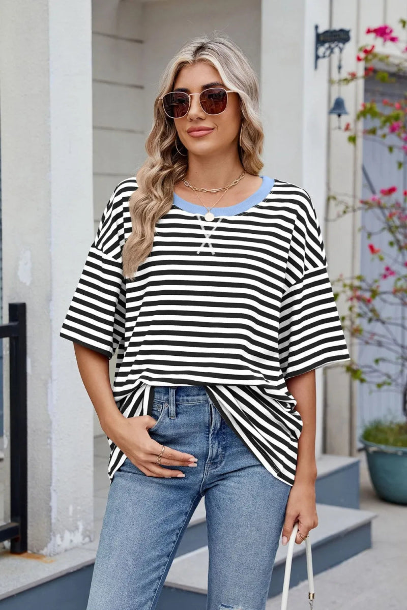 Contrast Striped Round Neck Half Sleeve T-Shirt - Necessary Clothing