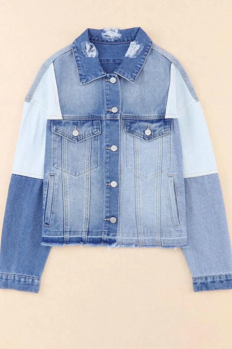 Distressed Button Up Drop Shoulder Denim Jacket - Necessary Clothing