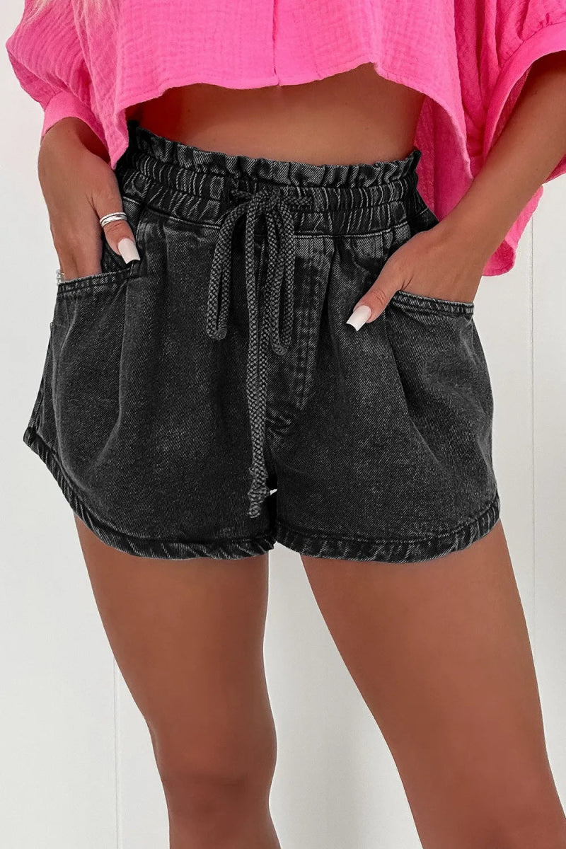 Drawstring High Waist Denim Shorts with Pockets - Necessary Clothing