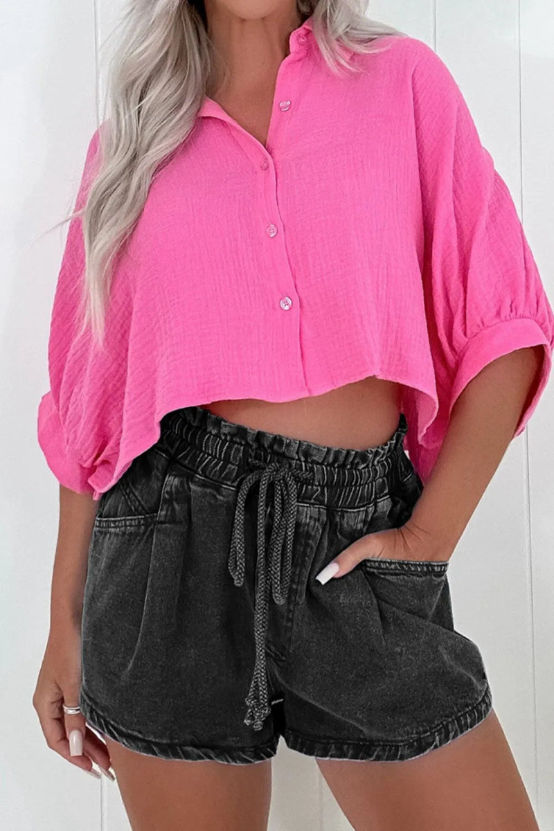 Drawstring High Waist Denim Shorts with Pockets - Necessary Clothing