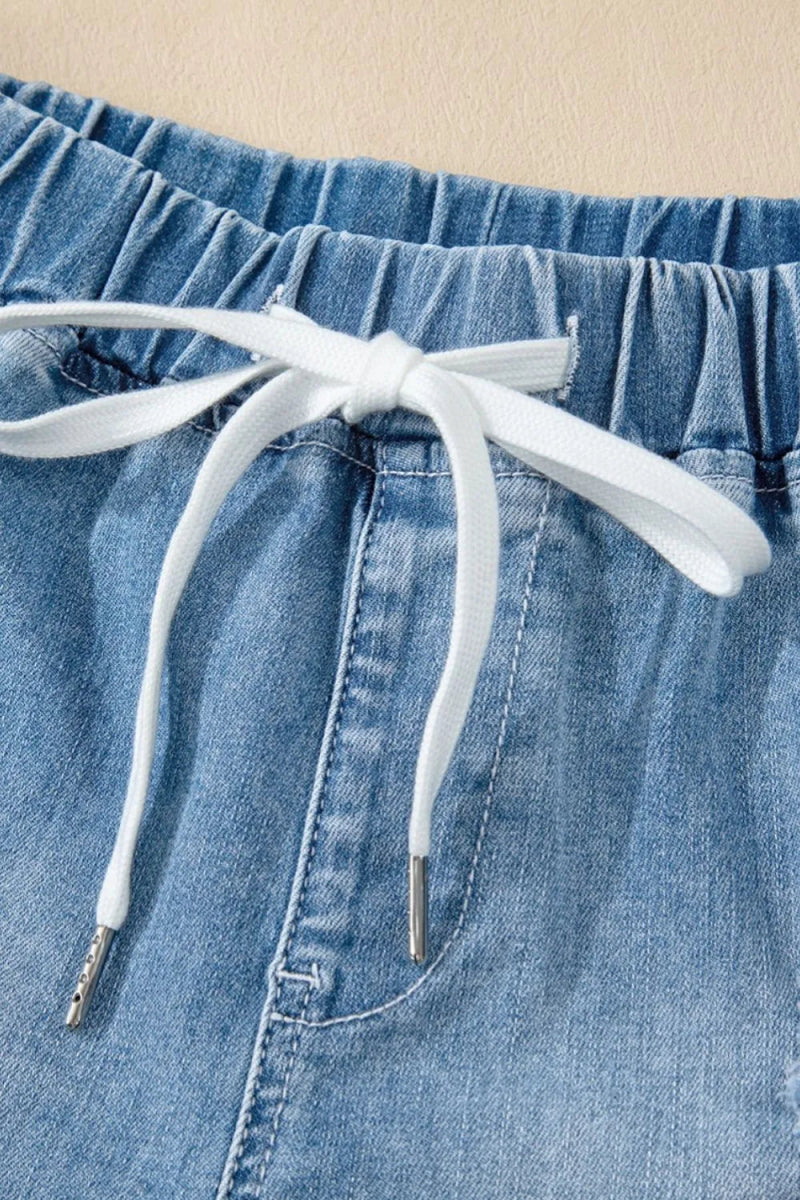 Drawstring High Waist Distressed Denim Shorts - Necessary Clothing