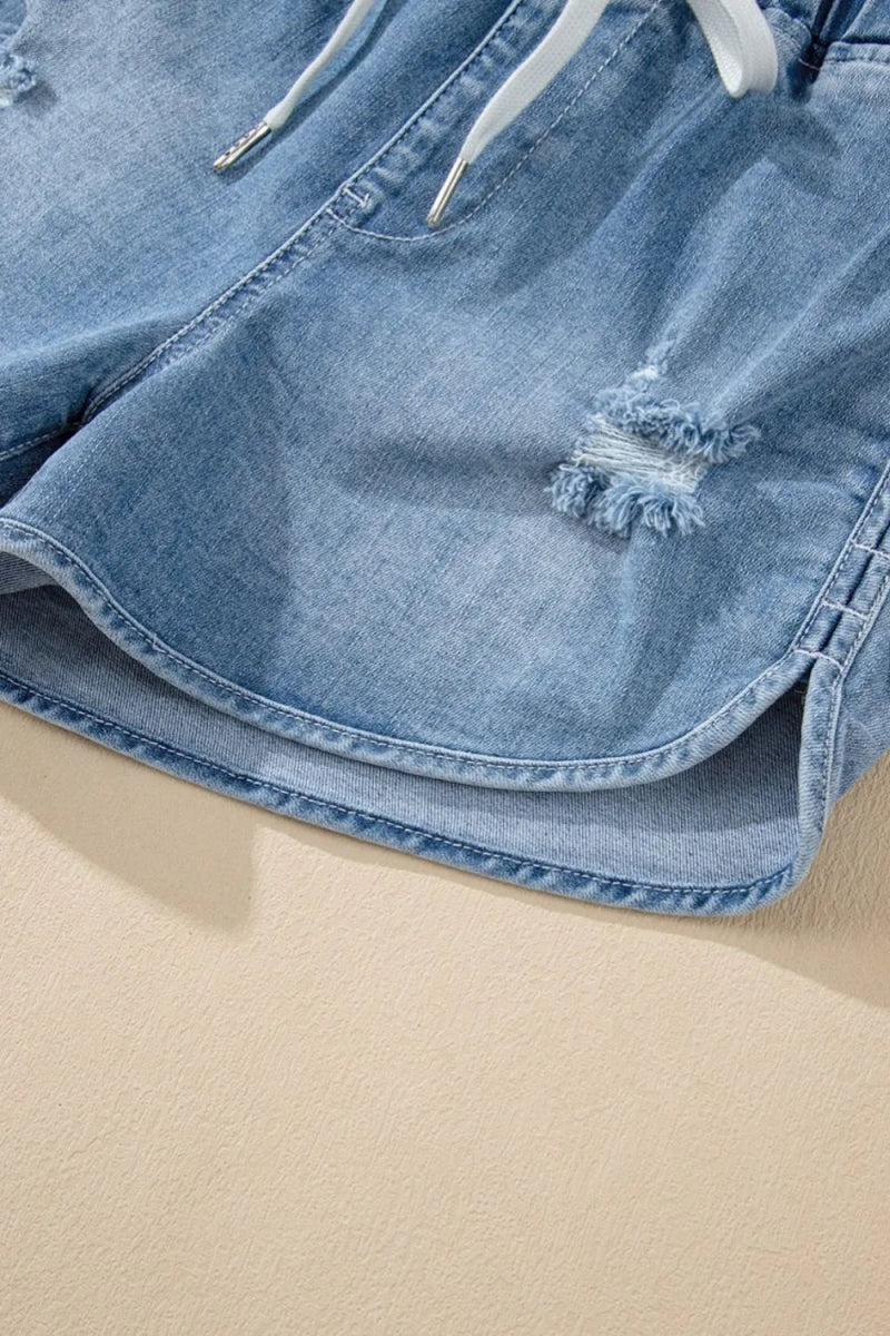 Drawstring High Waist Distressed Denim Shorts - Necessary Clothing