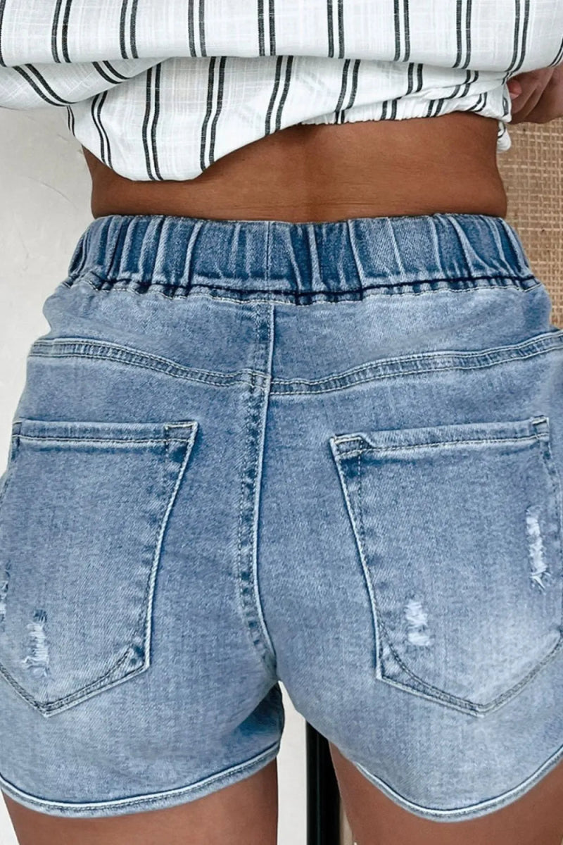 Drawstring High Waist Distressed Denim Shorts - Necessary Clothing