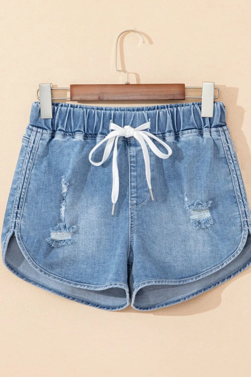 Drawstring High Waist Distressed Denim Shorts - Necessary Clothing