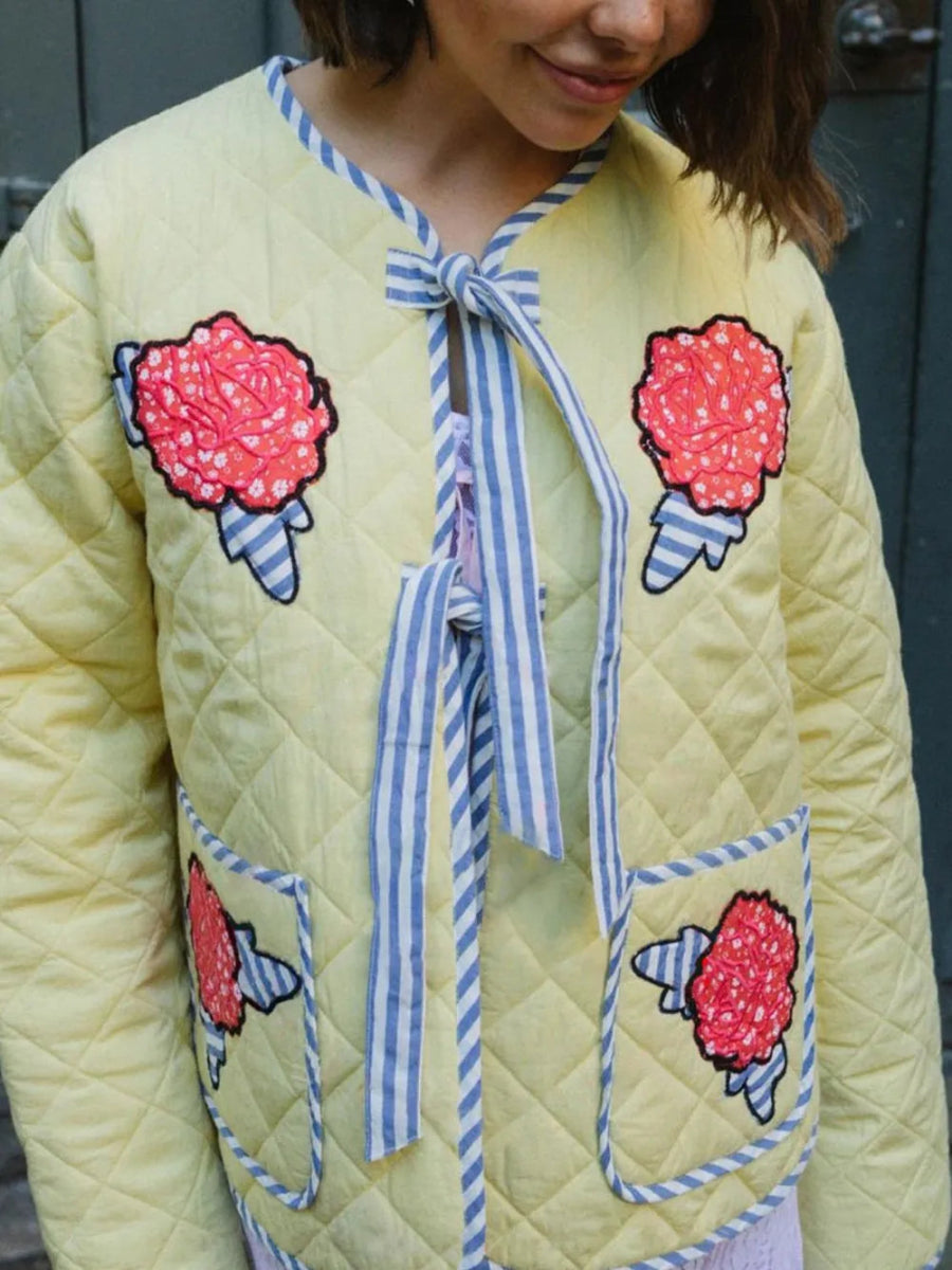 Embroidered Flower Tied Long Sleeve Winter Coat - Necessary Clothing