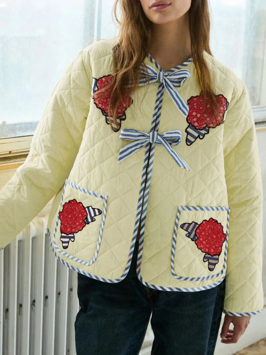 Embroidered Flower Tied Long Sleeve Winter Coat - Necessary Clothing
