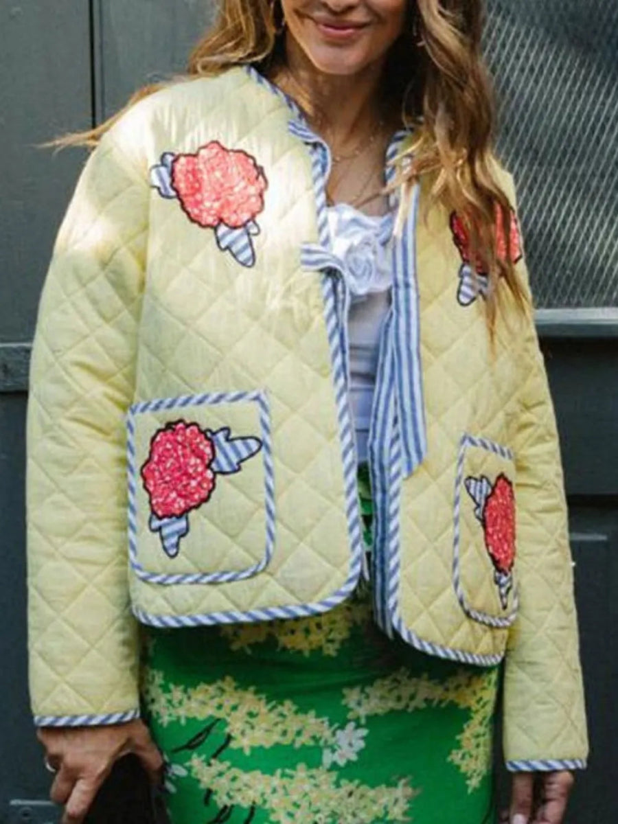 Embroidered Flower Tied Long Sleeve Winter Coat - Necessary Clothing