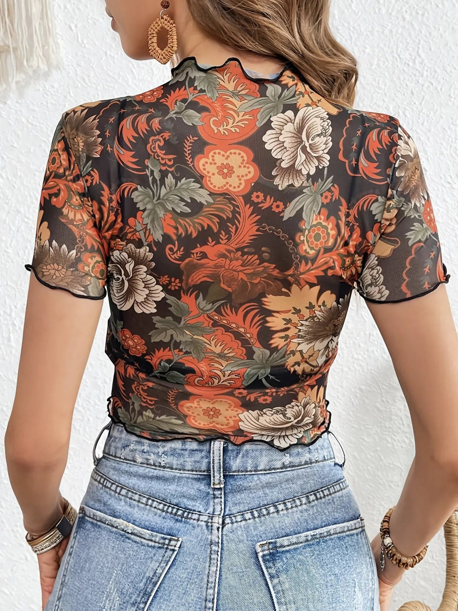 Floral Mesh Crop Top with Lettuce Trim - Necessary Clothing