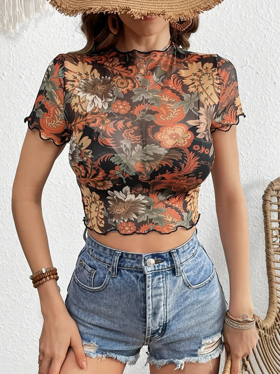 Floral Mesh Crop Top with Lettuce Trim - Necessary Clothing