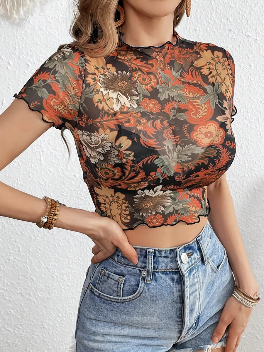 Floral Mesh Crop Top with Lettuce Trim - Necessary Clothing