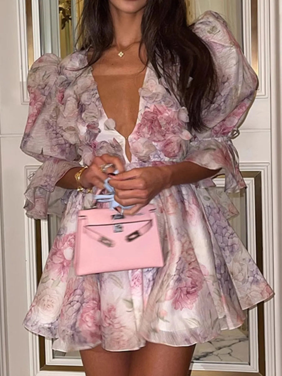 Floral Print Ruffled Mini Dress with Deep V - Neck - Necessary Clothing