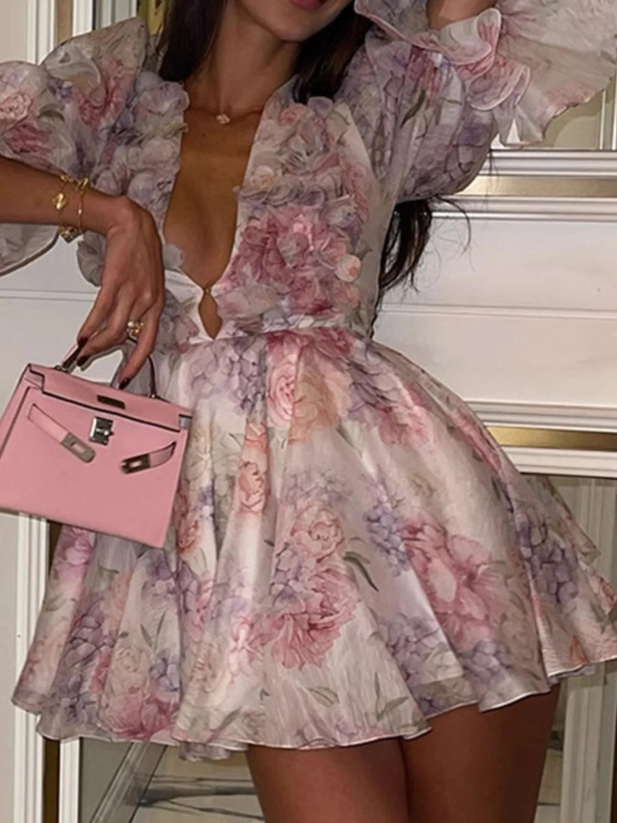 Floral Print Ruffled Mini Dress with Deep V - Neck - Necessary Clothing