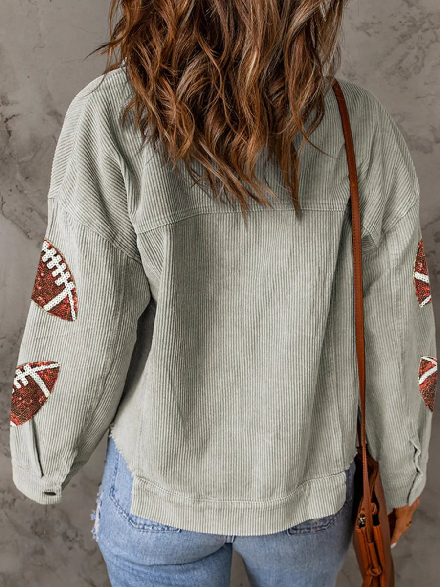 Football Sequin Button Up Dropped Shoulder Jacket - Necessary Clothing