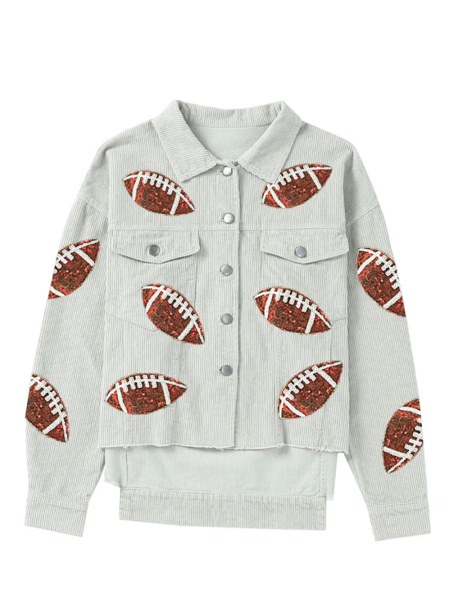Football Sequin Button Up Dropped Shoulder Jacket - Necessary Clothing