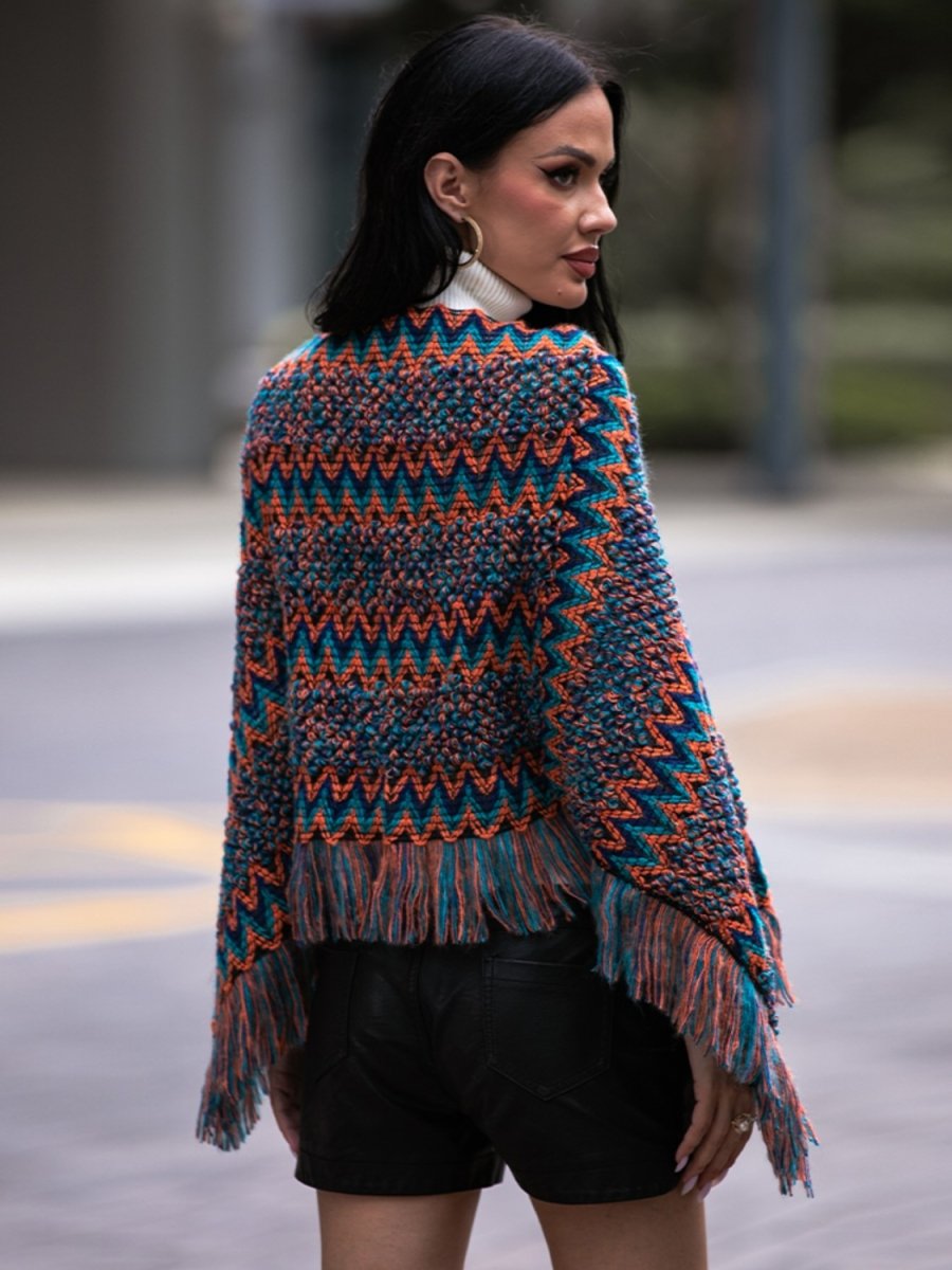Fringe Hem Boat Neck Poncho - Necessary Clothing