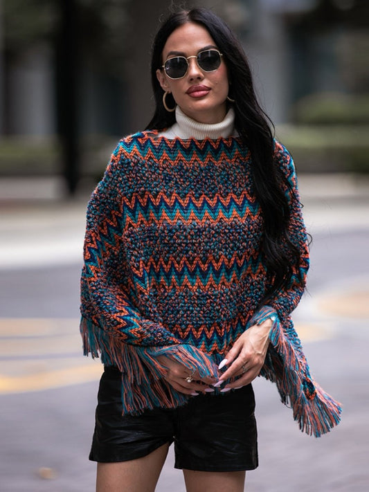 Fringe Hem Boat Neck Poncho - Necessary Clothing