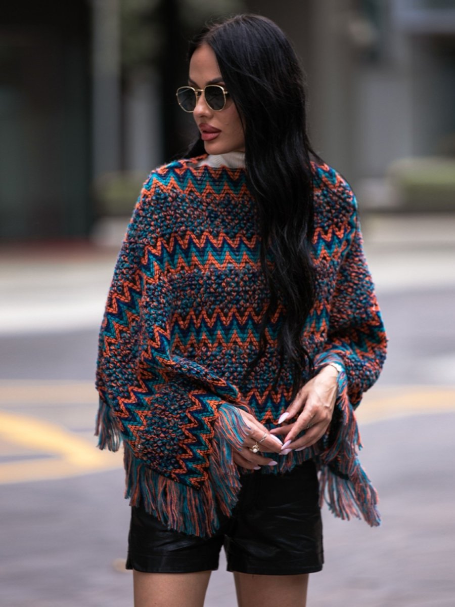 Fringe Hem Boat Neck Poncho - Necessary Clothing