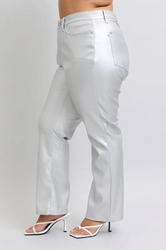 Full Size High Waist Silver Faux Leather Pants Plus Size - Necessary Clothing