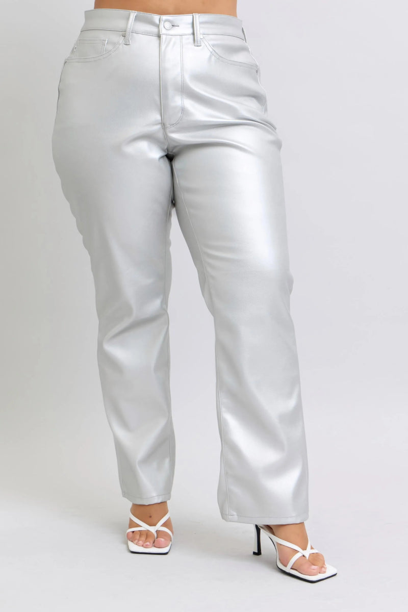 Full Size High Waist Silver Faux Leather Pants Plus Size - Necessary Clothing