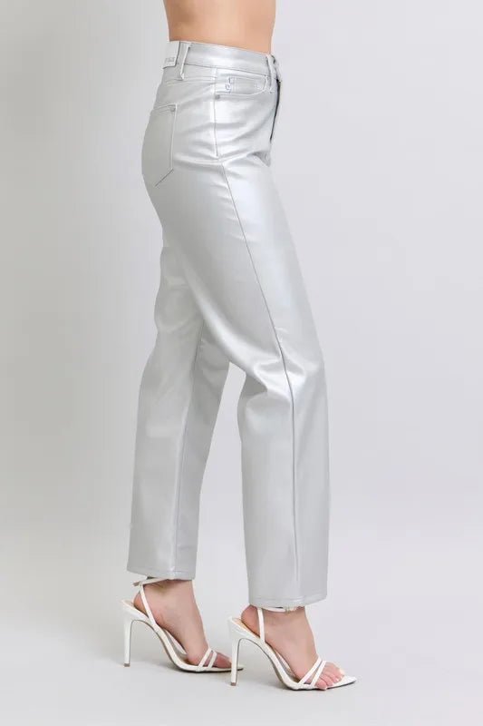 Full Size High Waist Silver Faux Leather Pants Plus Size - Necessary Clothing