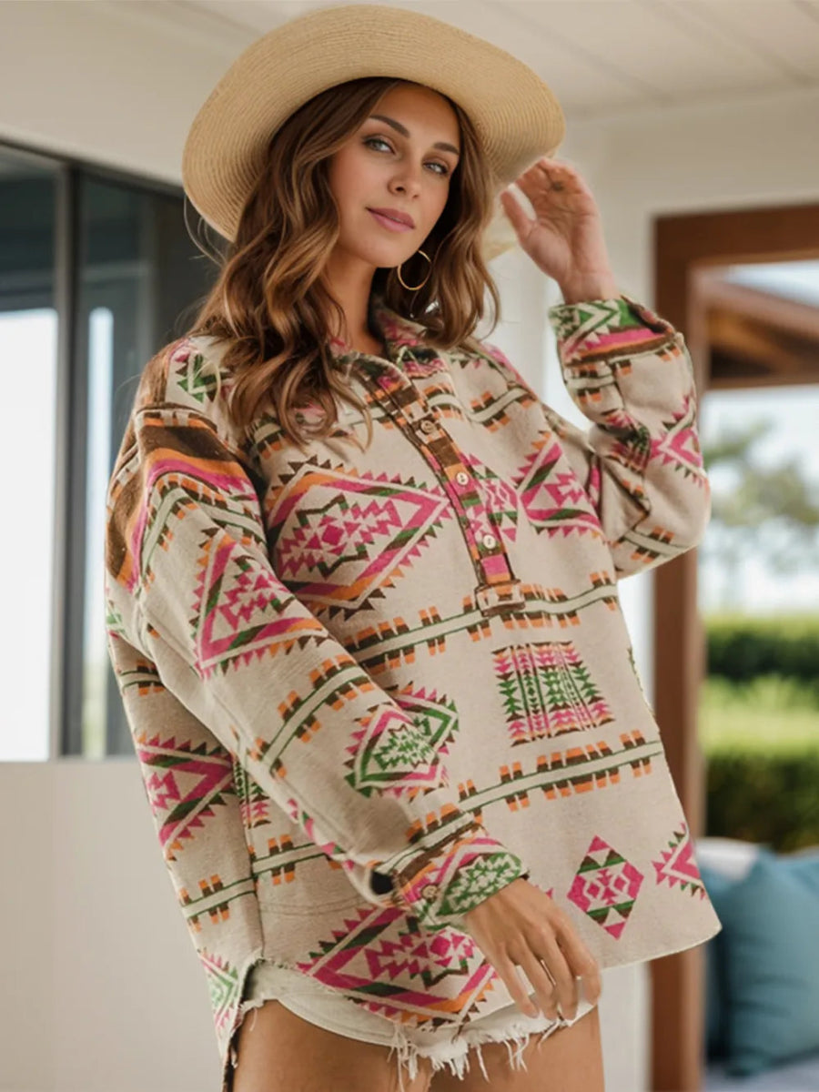 Geometric Half Button Long Sleeve Sweatshirt - Necessary Clothing