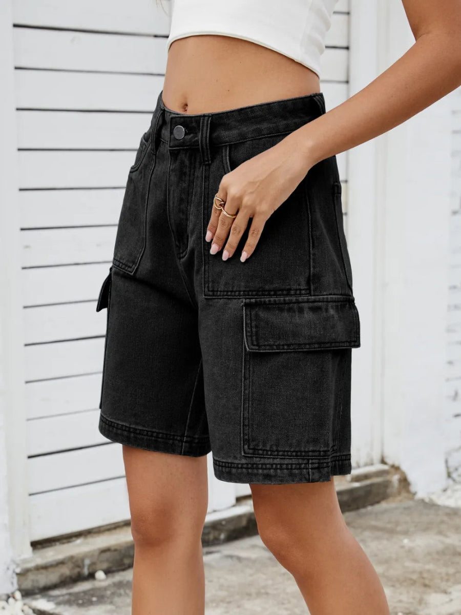 High Waist Denim Shorts with Cargo Pockets - Necessary Clothing