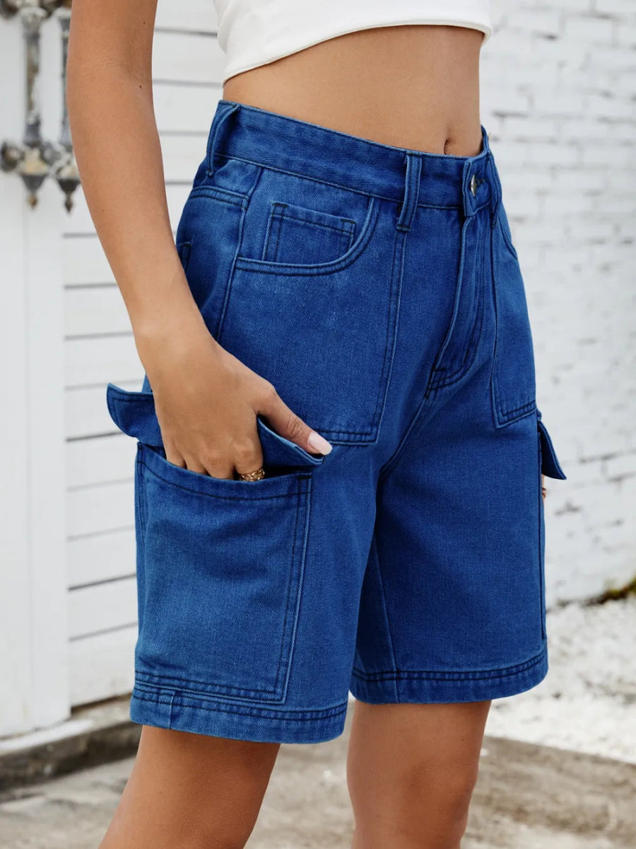 High Waist Denim Shorts with Cargo Pockets - Necessary Clothing