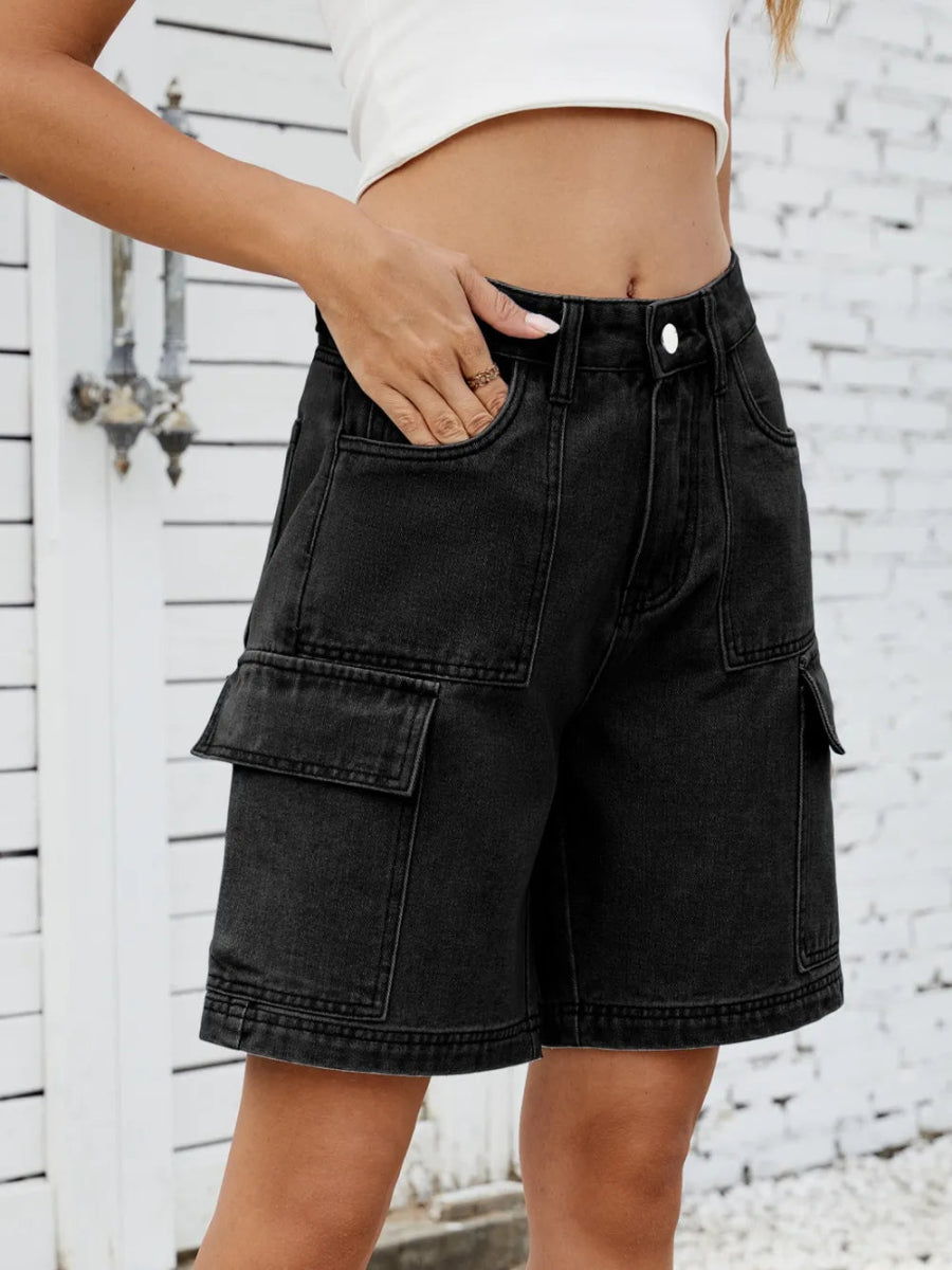 High Waist Denim Shorts with Cargo Pockets - Necessary Clothing