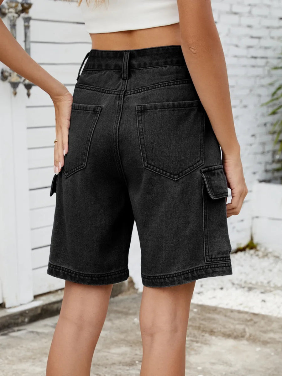 High Waist Denim Shorts with Cargo Pockets - Necessary Clothing