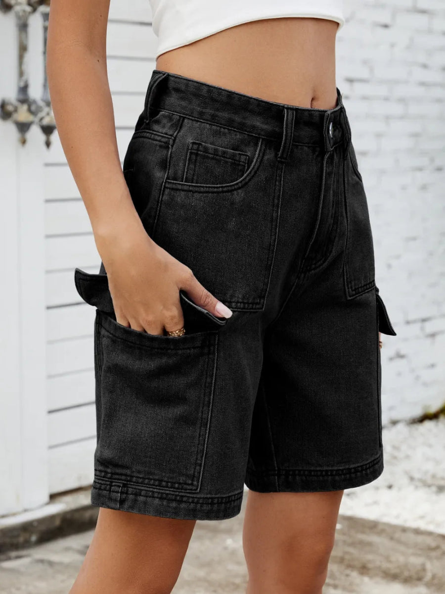 High Waist Denim Shorts with Cargo Pockets - Necessary Clothing