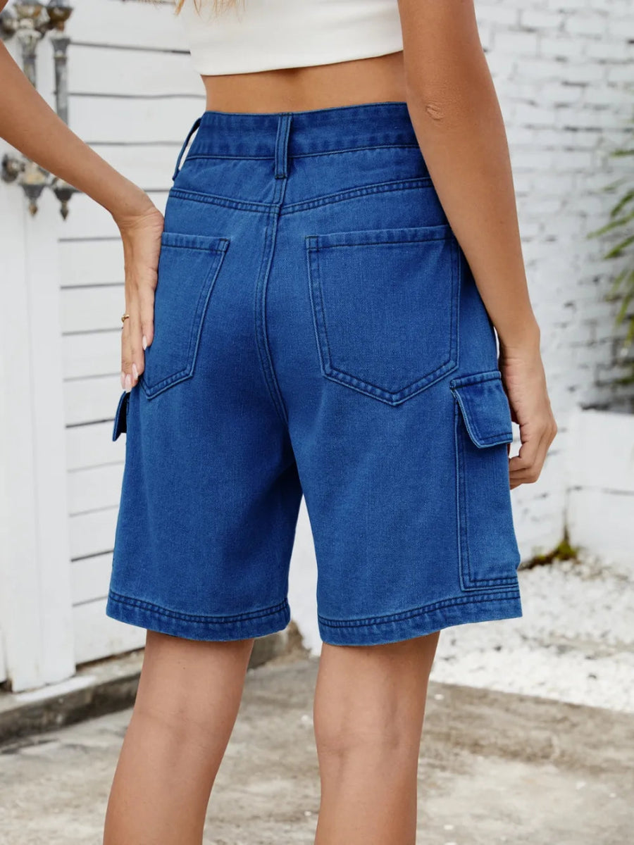 High Waist Denim Shorts with Cargo Pockets - Necessary Clothing