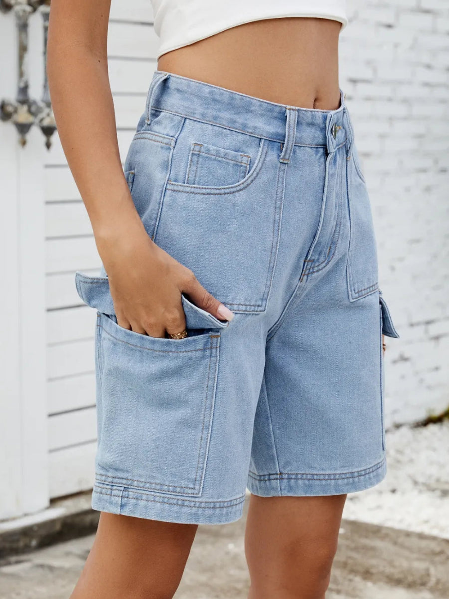 High Waist Denim Shorts with Cargo Pockets - Necessary Clothing