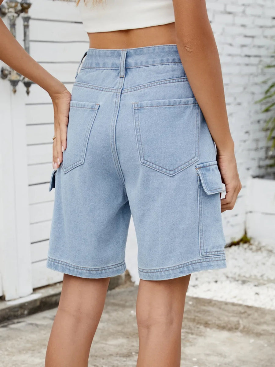 High Waist Denim Shorts with Cargo Pockets - Necessary Clothing