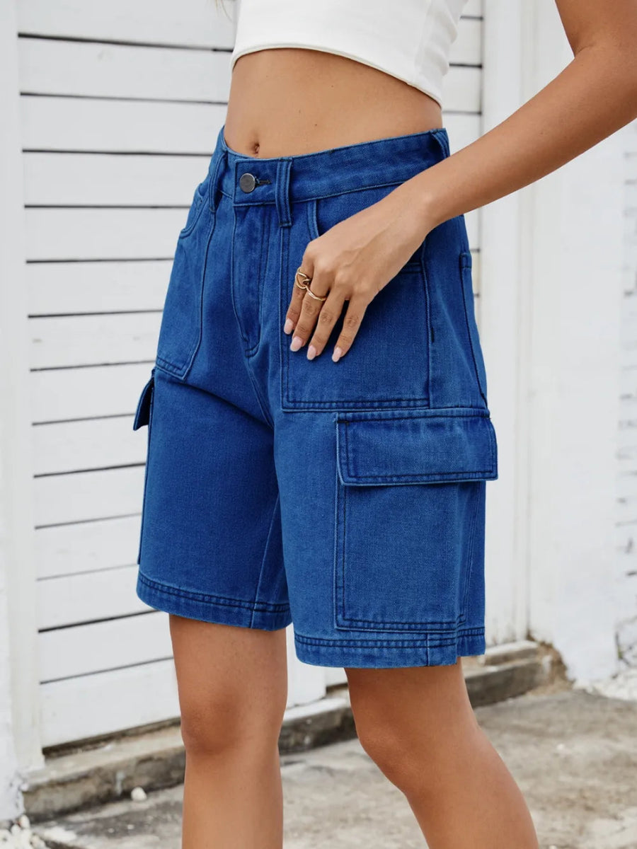 High Waist Denim Shorts with Cargo Pockets - Necessary Clothing