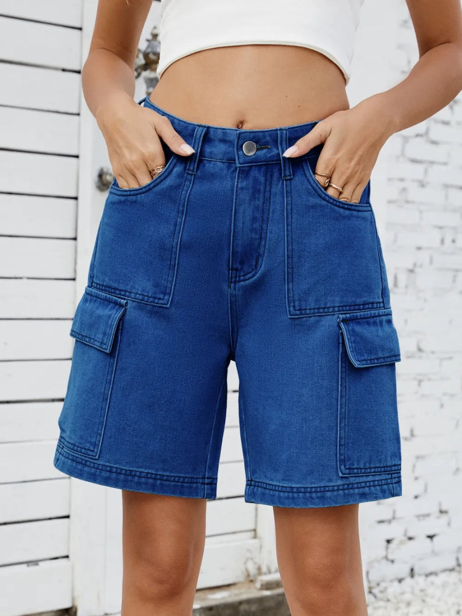 High Waist Denim Shorts with Cargo Pockets - Necessary Clothing