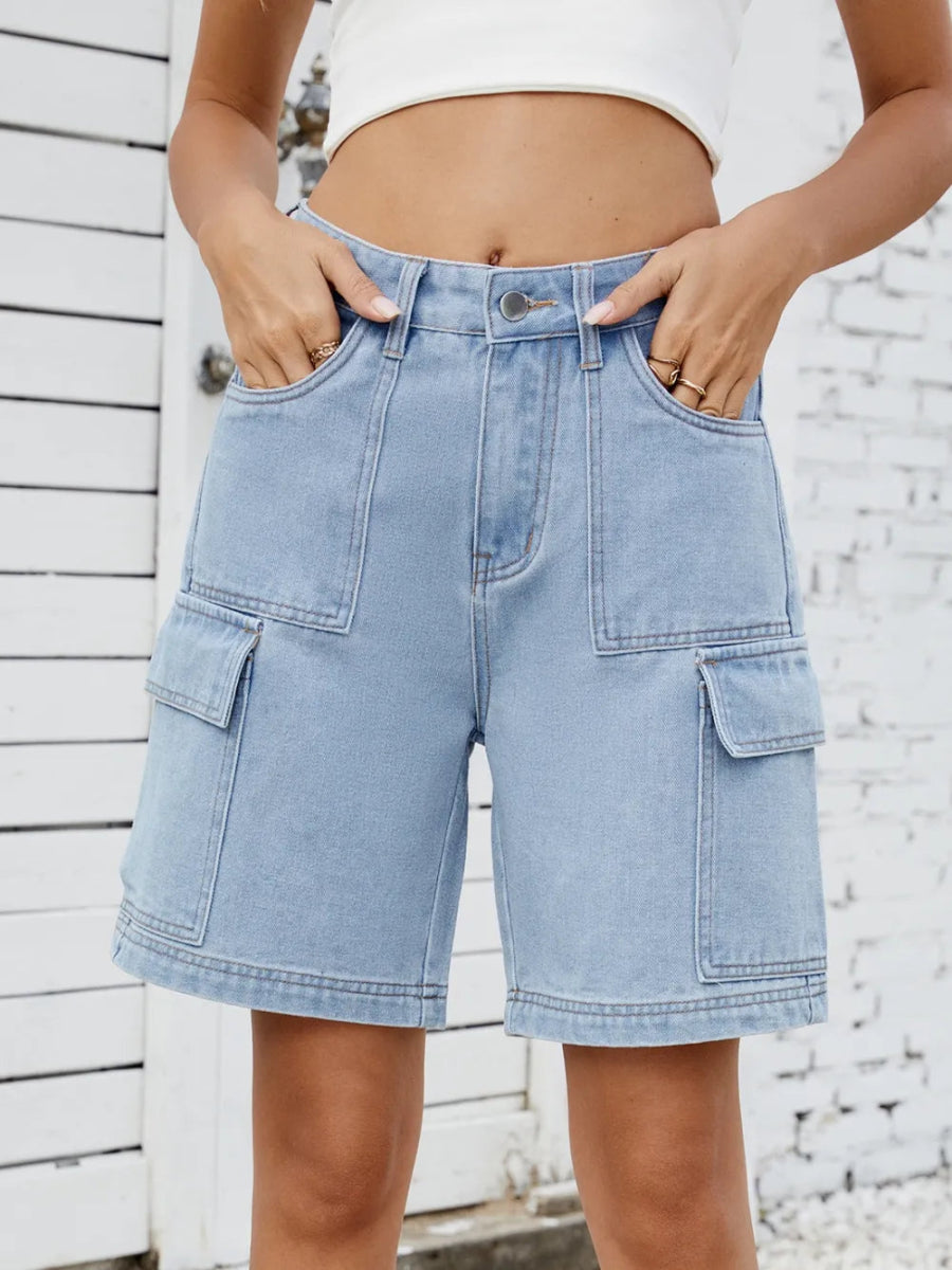 High Waist Denim Shorts with Cargo Pockets - Necessary Clothing