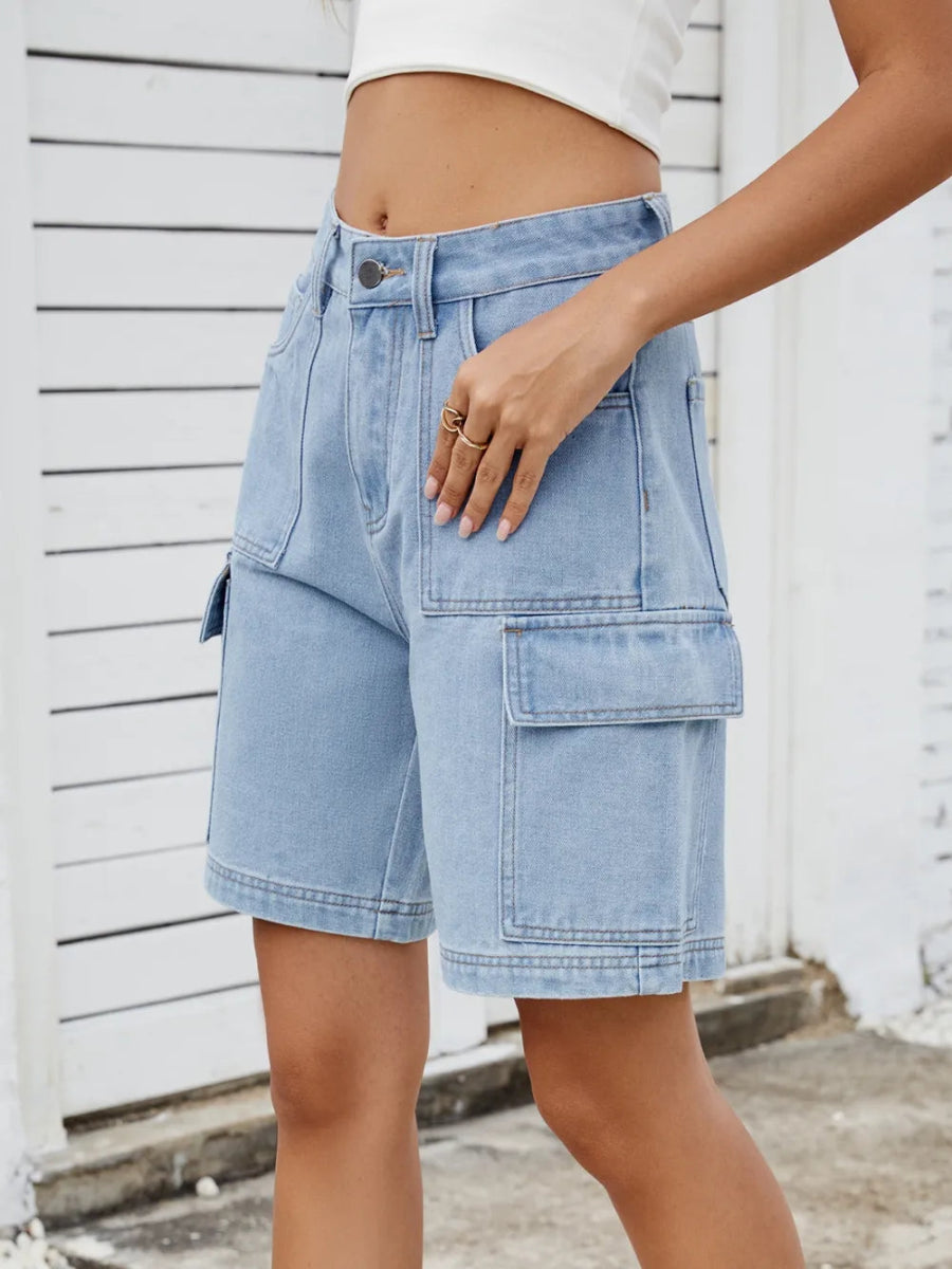 High Waist Denim Shorts with Cargo Pockets - Necessary Clothing