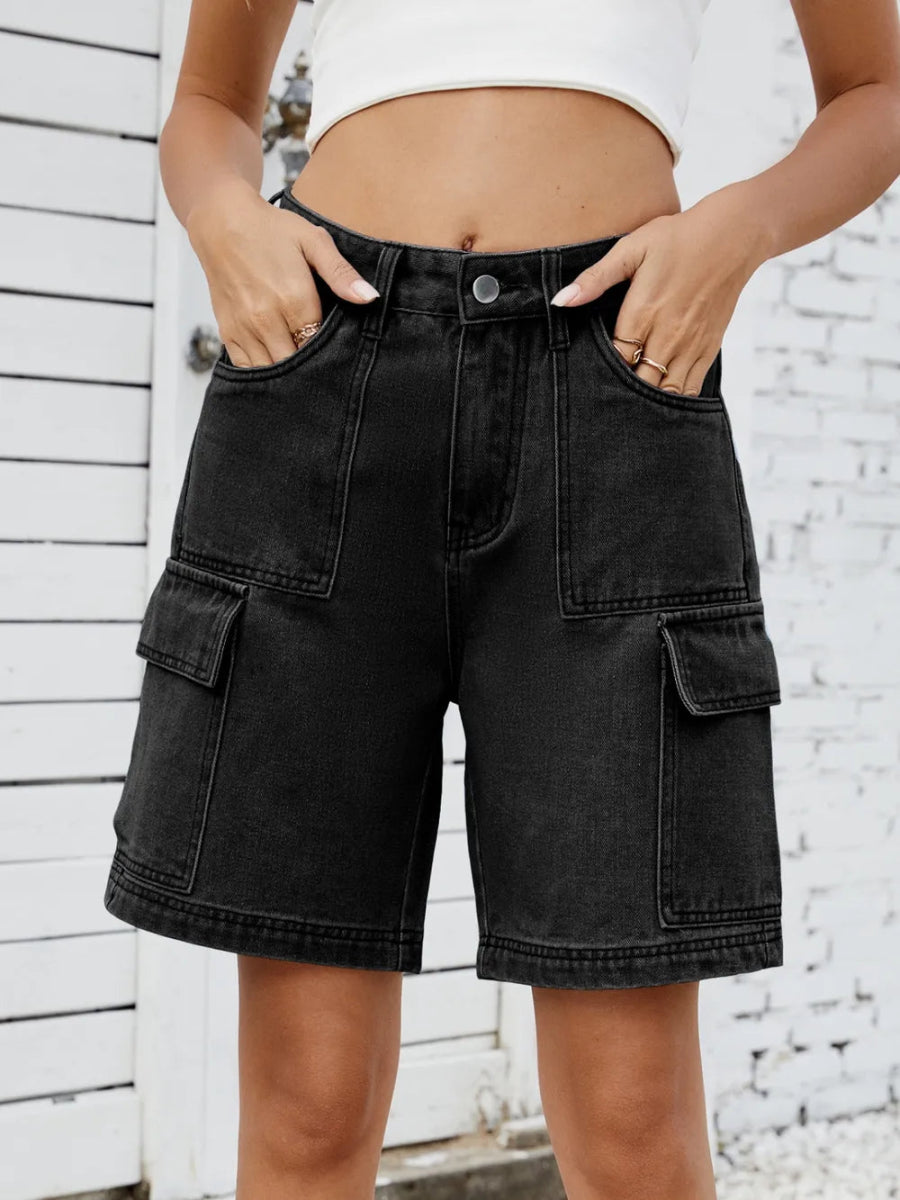 High Waist Denim Shorts with Cargo Pockets - Necessary Clothing
