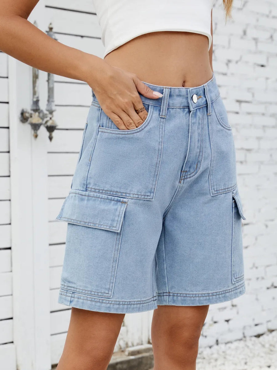 High Waist Denim Shorts with Cargo Pockets - Necessary Clothing