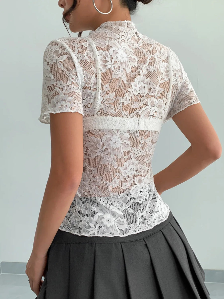 Lace Mock Neck Short Sleeve Top - Necessary Clothing