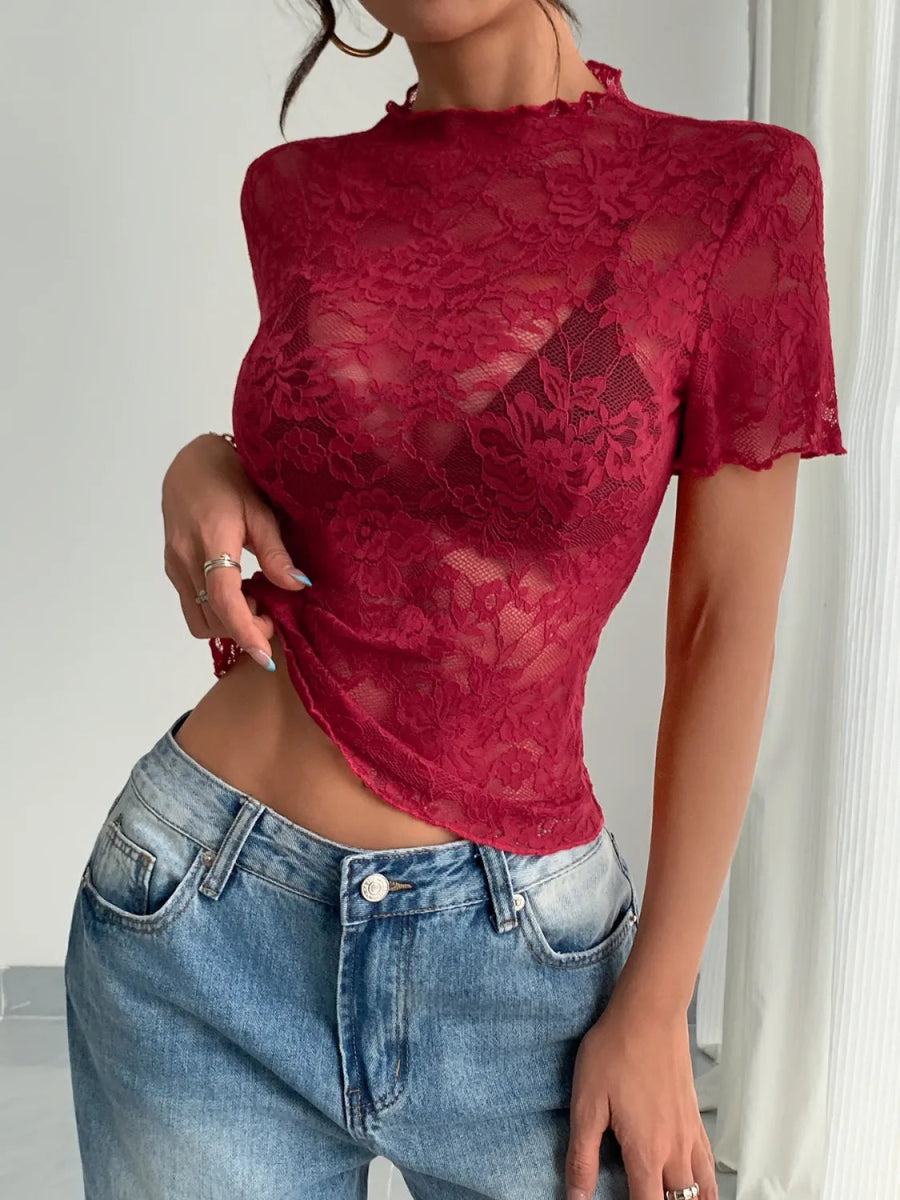 Lace Mock Neck Short Sleeve Top - Necessary Clothing