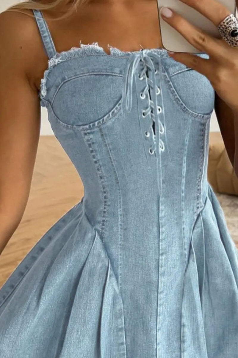 Lace Up Raw Hem Denim Cami Dress - Necessary Clothing