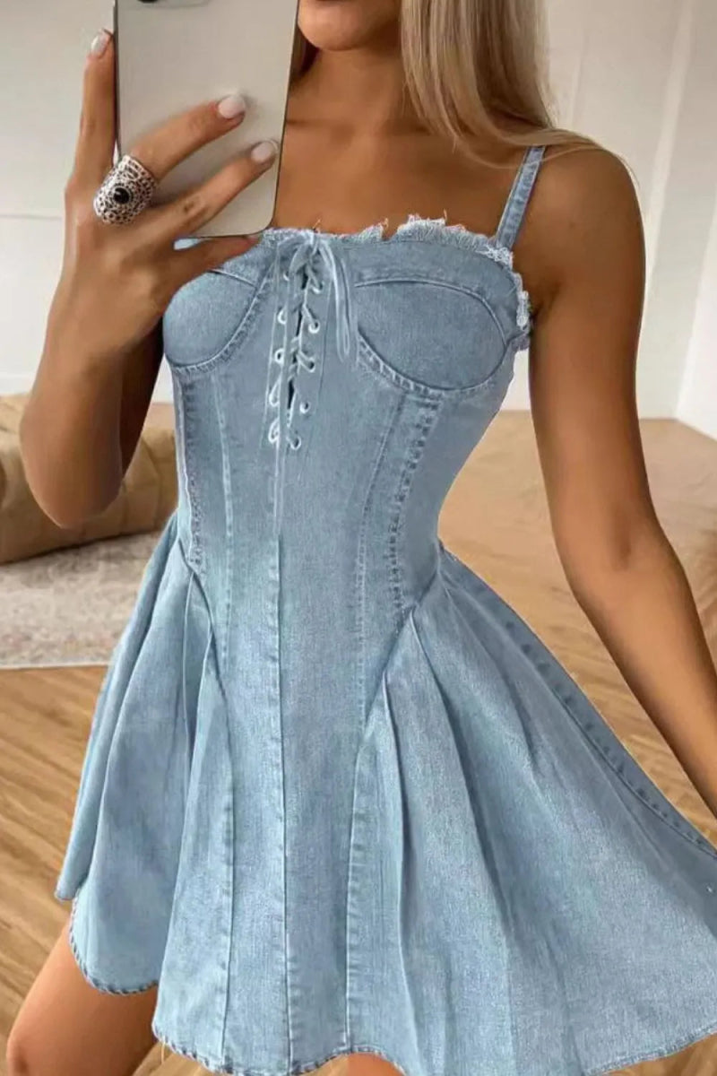 Lace Up Raw Hem Denim Cami Dress - Necessary Clothing