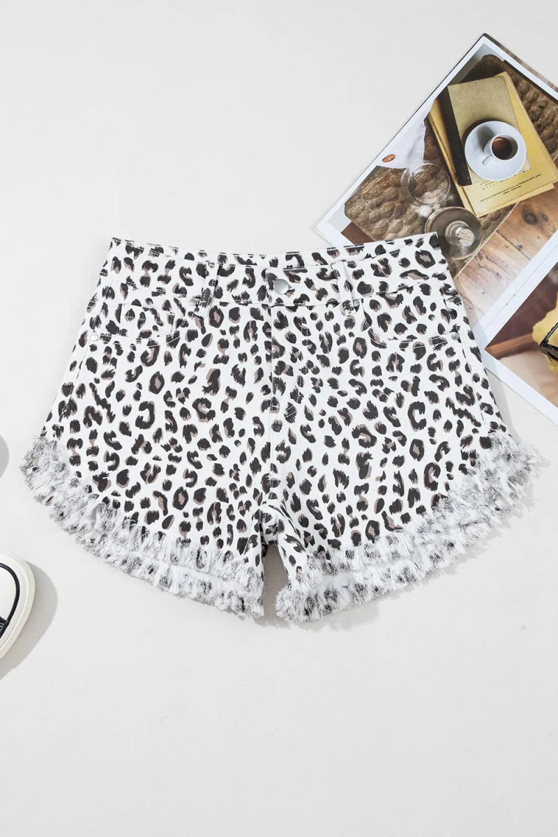 Leopard Frayed Hem Denim Shorts - Necessary Clothing