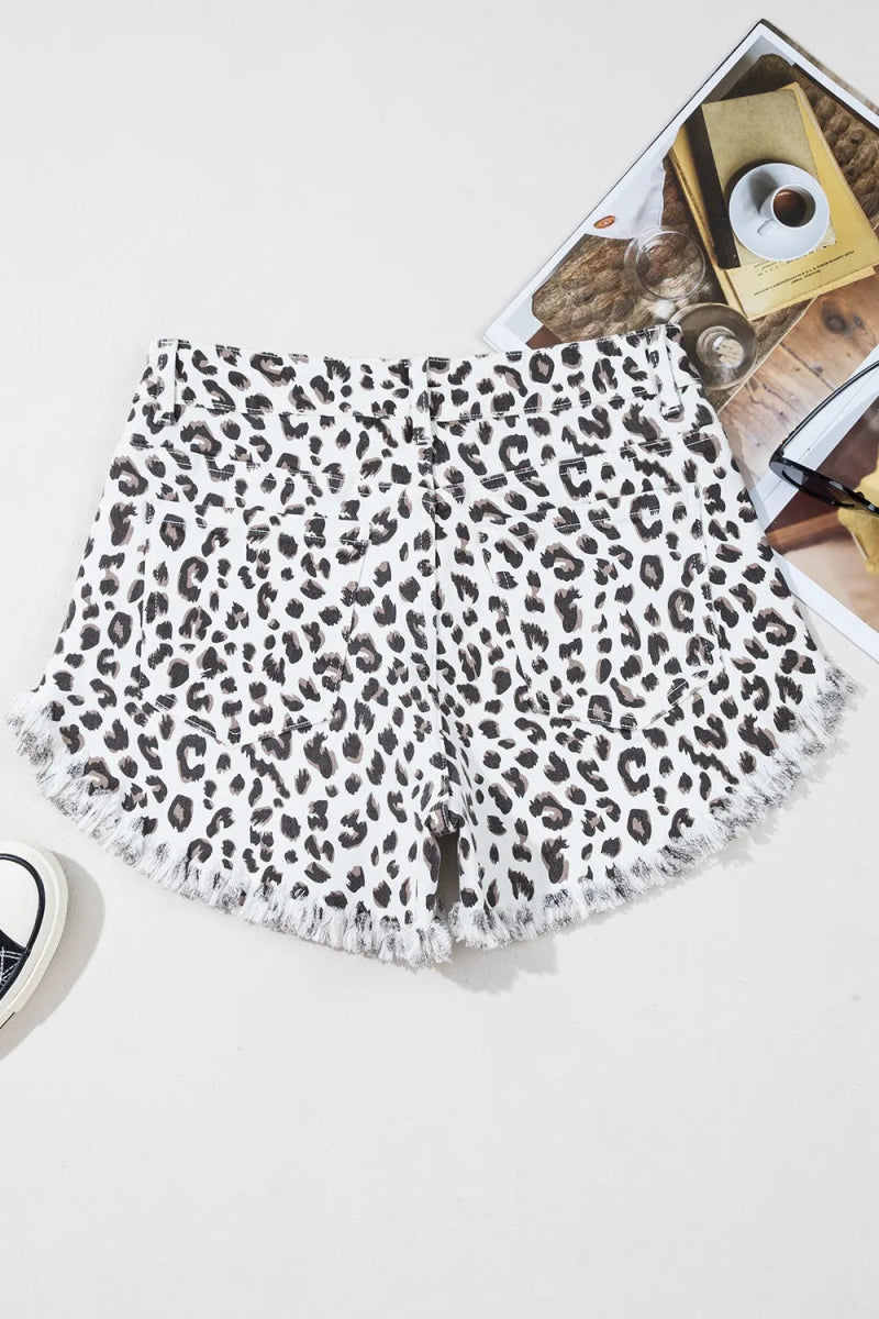 Leopard Frayed Hem Denim Shorts - Necessary Clothing