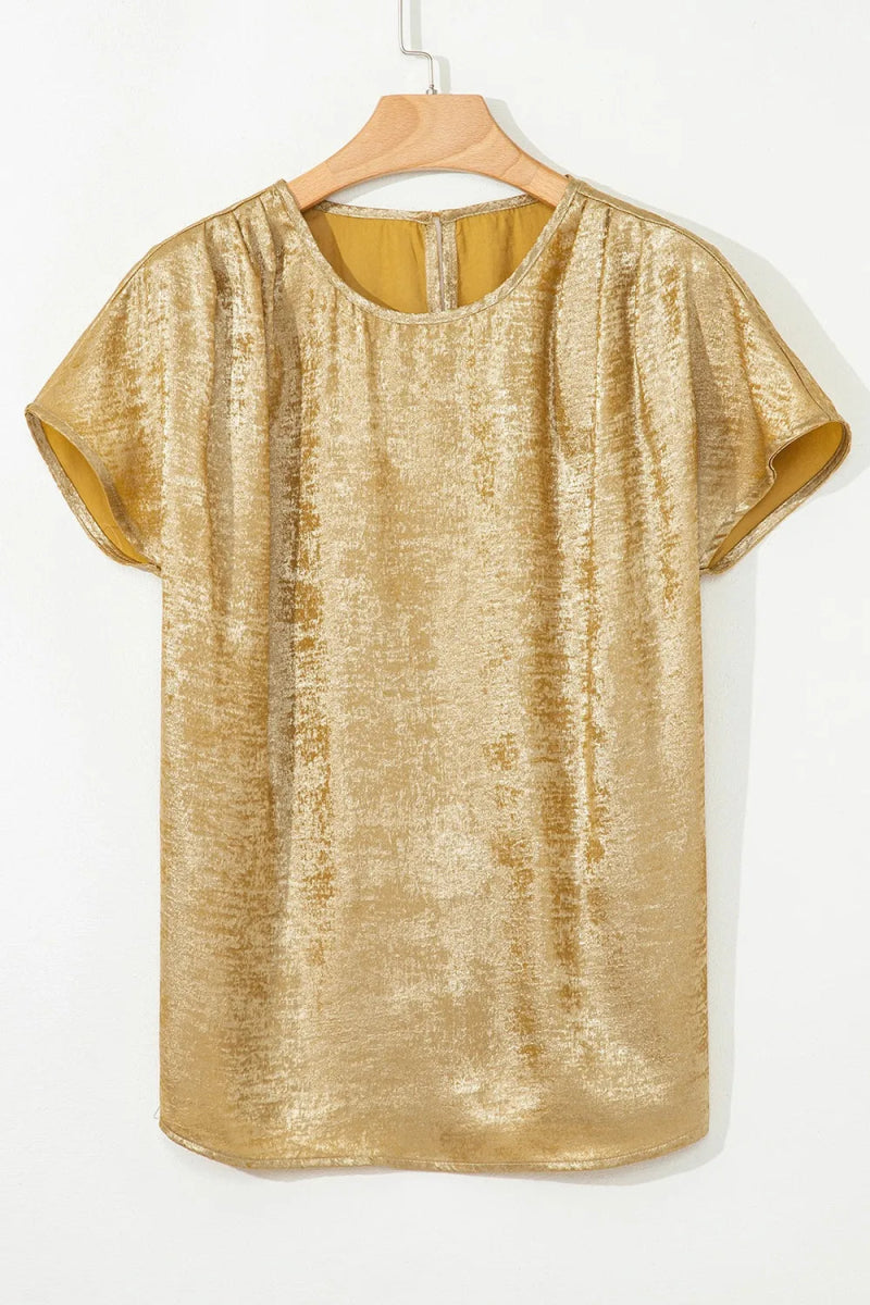 Metallic Gold Short Sleeve Casual Blouse - Necessary Clothing