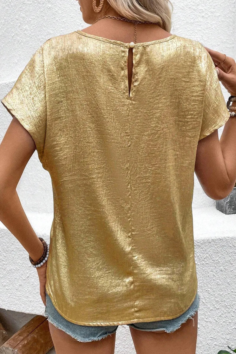 Metallic Gold Short Sleeve Casual Blouse - Necessary Clothing