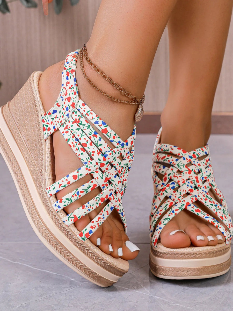 Open Toe Floral Print Strappy Platform Wedge Sandals - Necessary Clothing