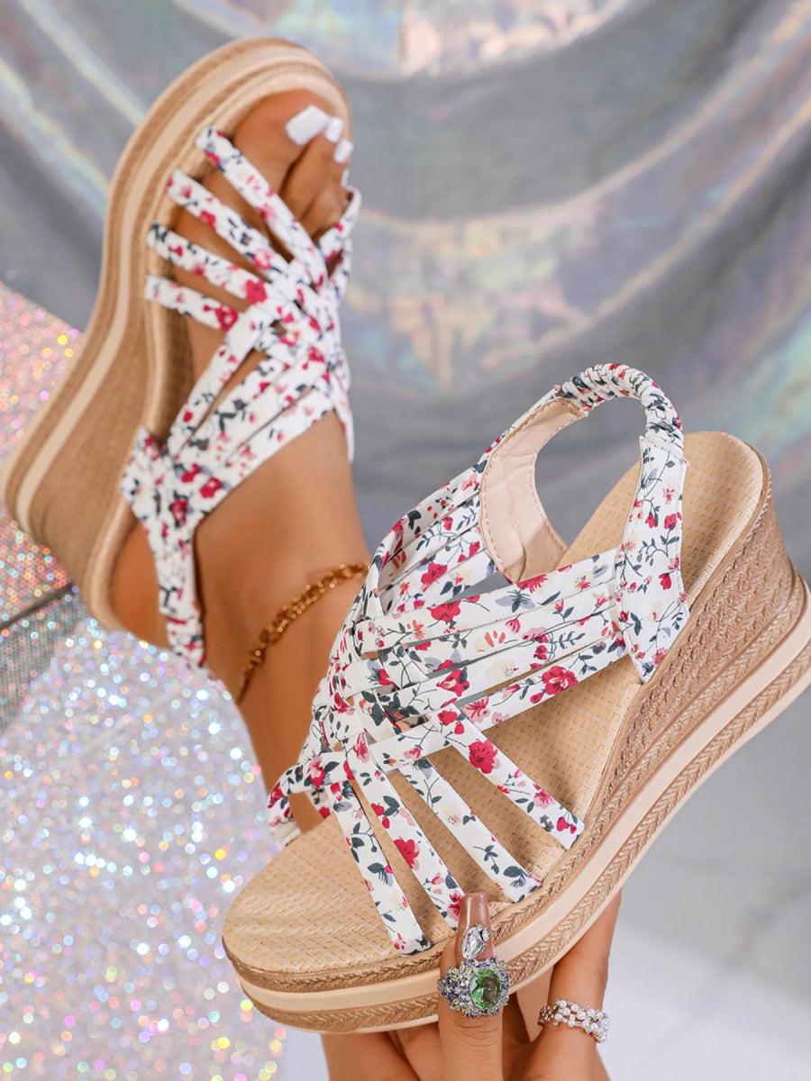 Open Toe Floral Print Strappy Platform Wedge Sandals - Necessary Clothing