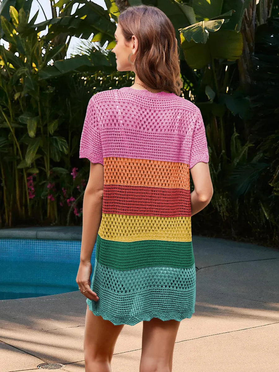 Openwork Round Neck Short Sleeve Cover - UP - Necessary Clothing